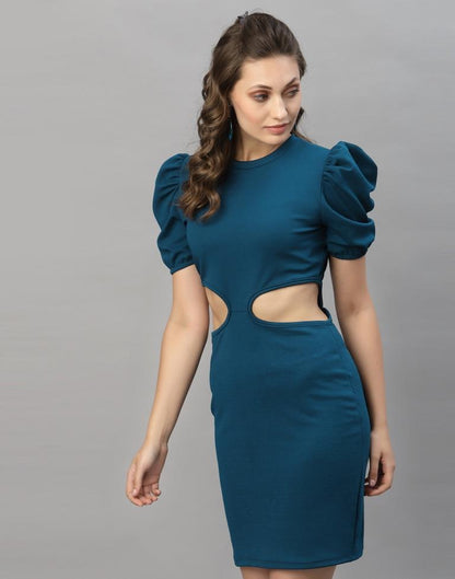 Teal Blue Puff Sleeve Bodycon Dress