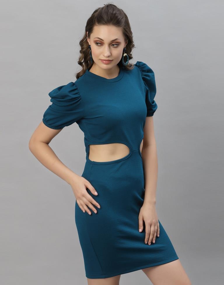 Teal Blue Puff Sleeve Bodycon Dress