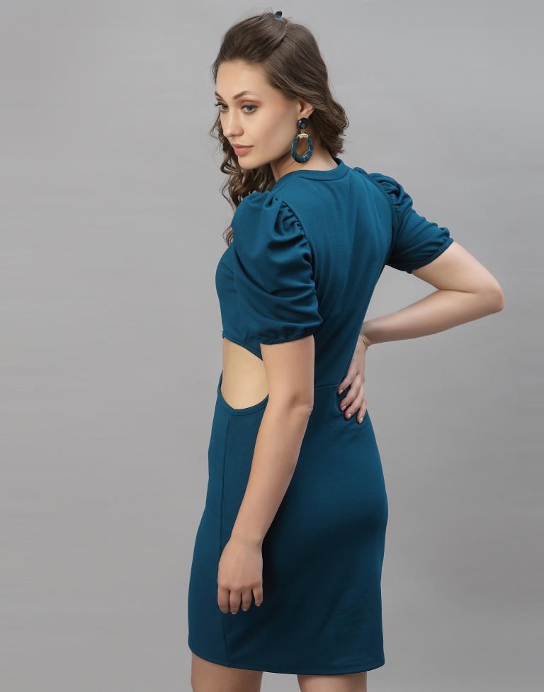 Teal Blue Puff Sleeve Bodycon Dress