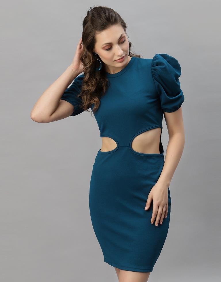 Teal Blue Puff Sleeve Bodycon Dress