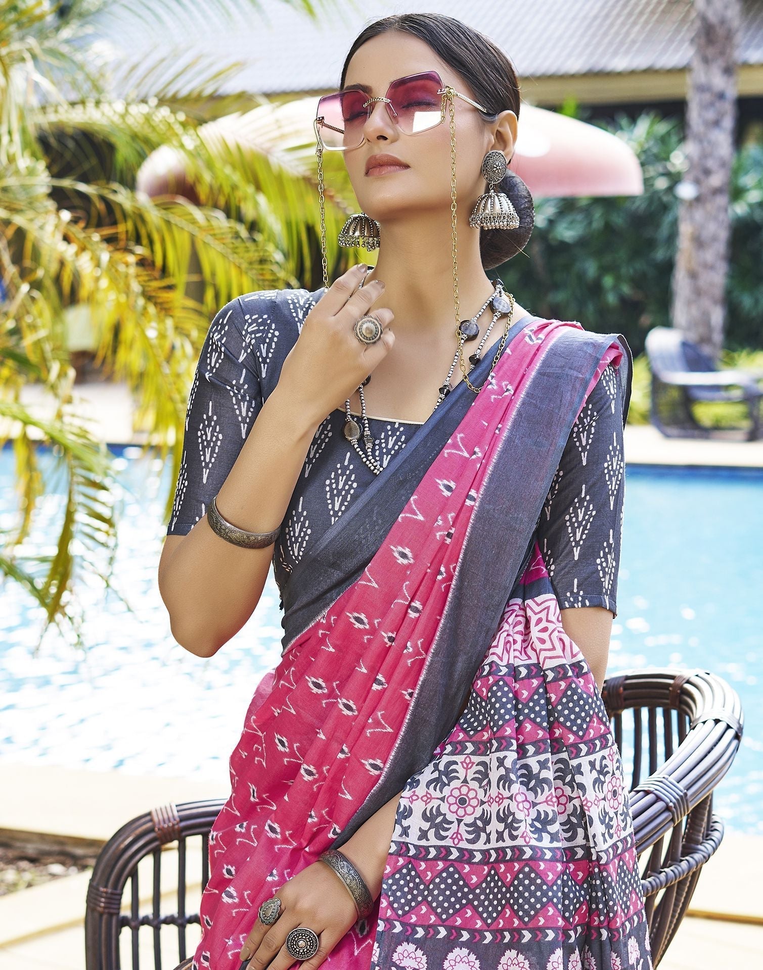 Pink Printed Cotton Pre-draped Saree 