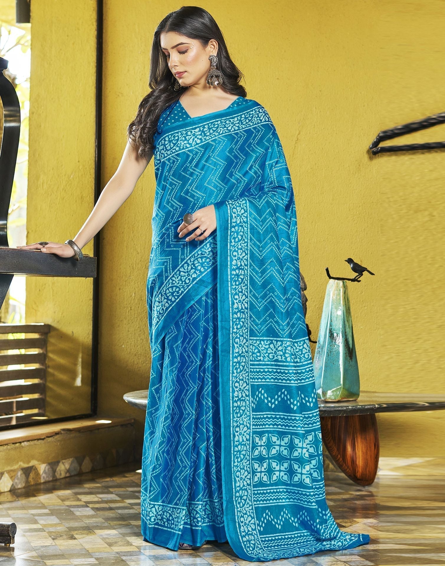 Blue Printed Cotton Pre-draped Saree 