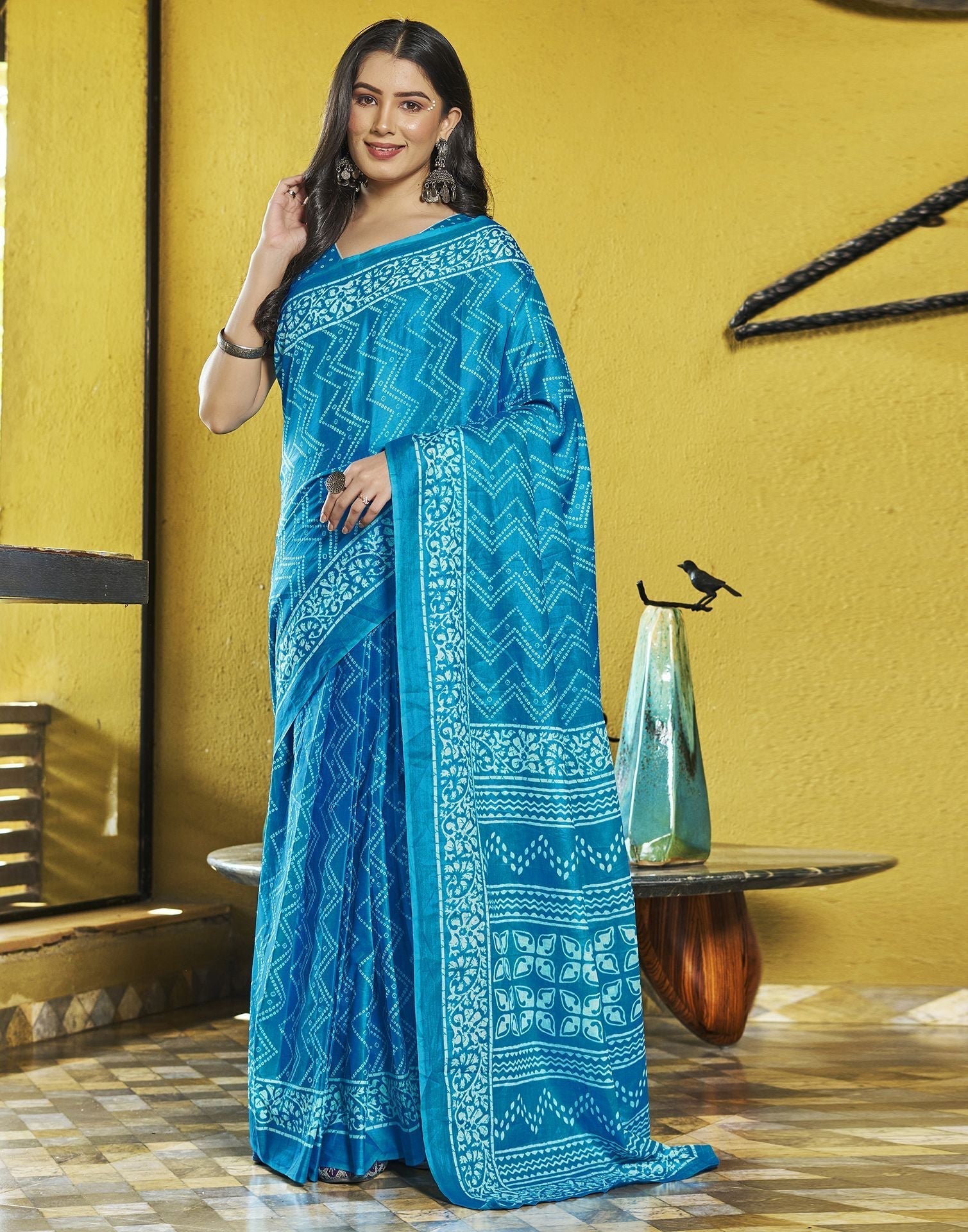 Blue Printed Cotton Pre-draped Saree 