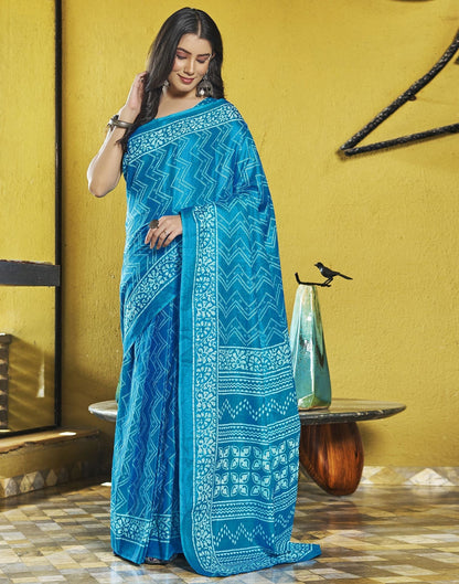 Blue Printed Cotton Pre-draped Saree 