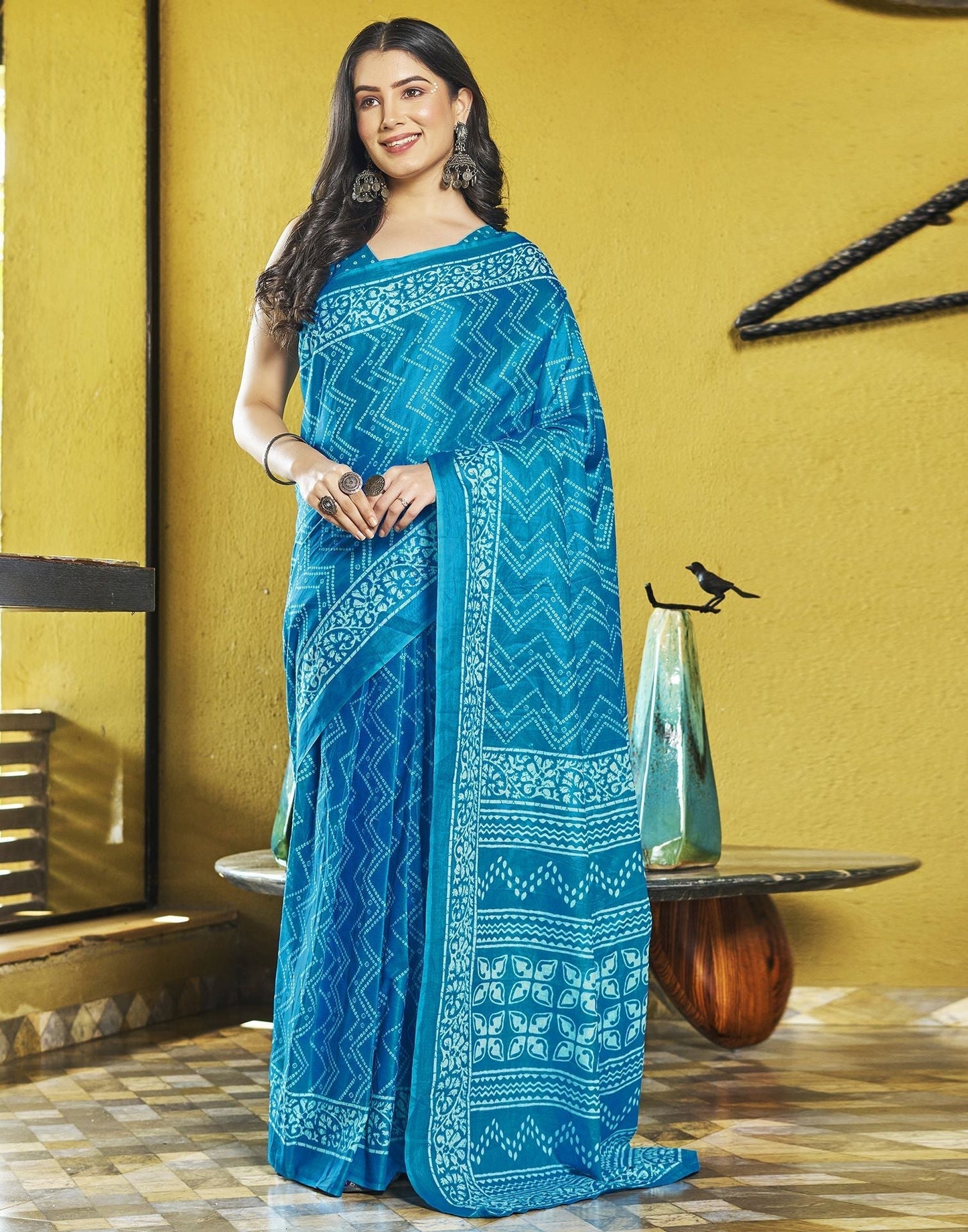 Blue Printed Cotton Pre-draped Saree 