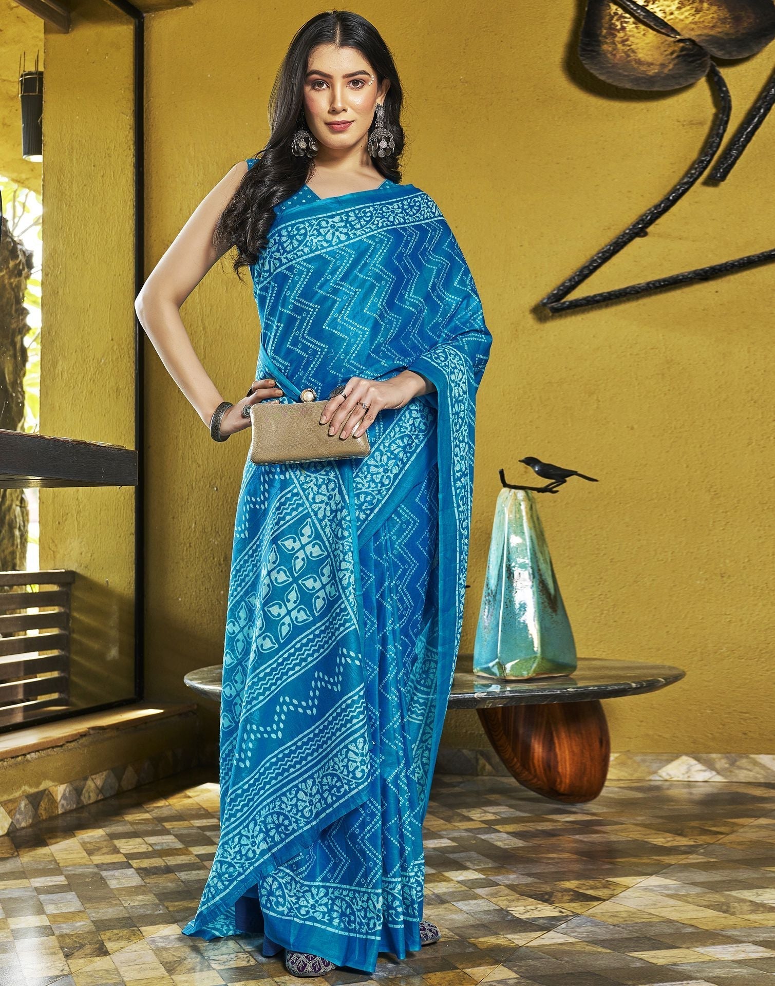 Blue Printed Cotton Pre-draped Saree 