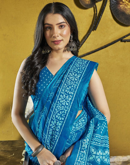 Blue Printed Cotton Pre-draped Saree 