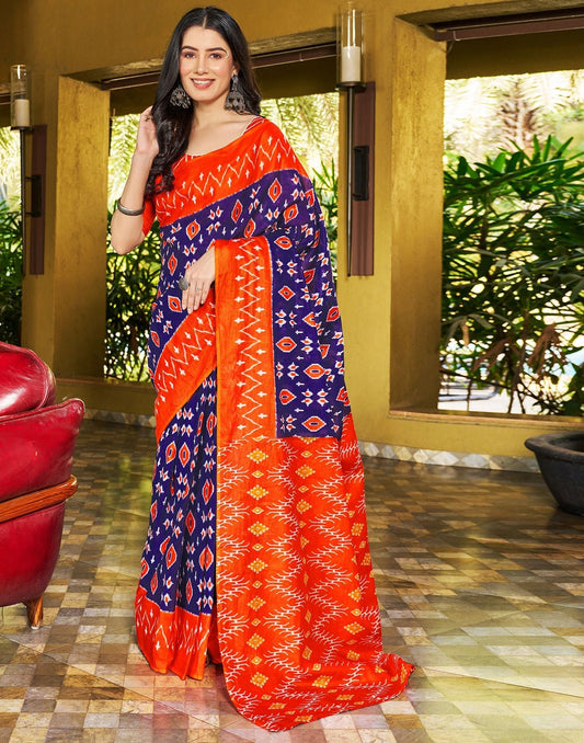 Violet Printed Cotton Pre-draped Saree 