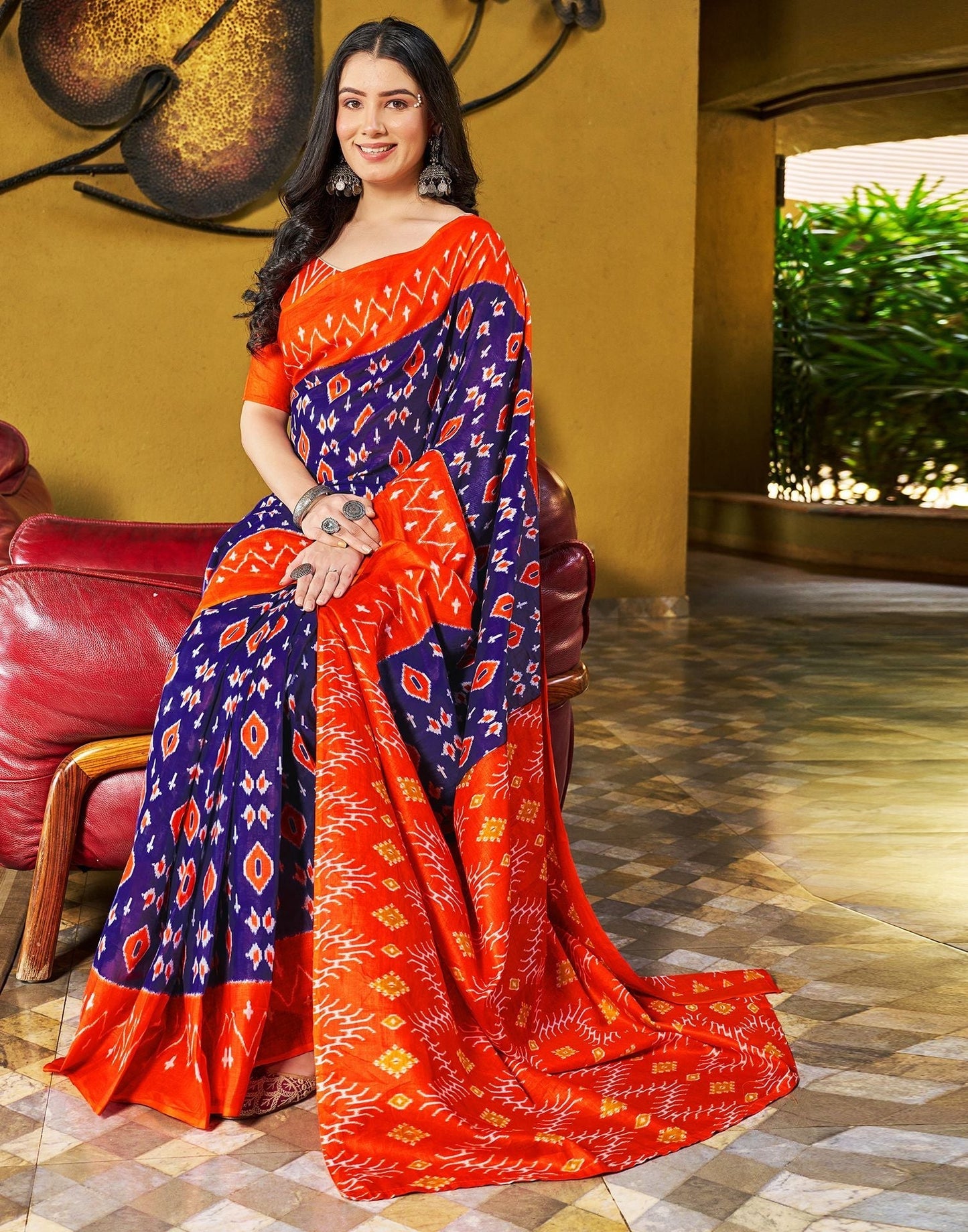 Violet Printed Cotton Pre-draped Saree 