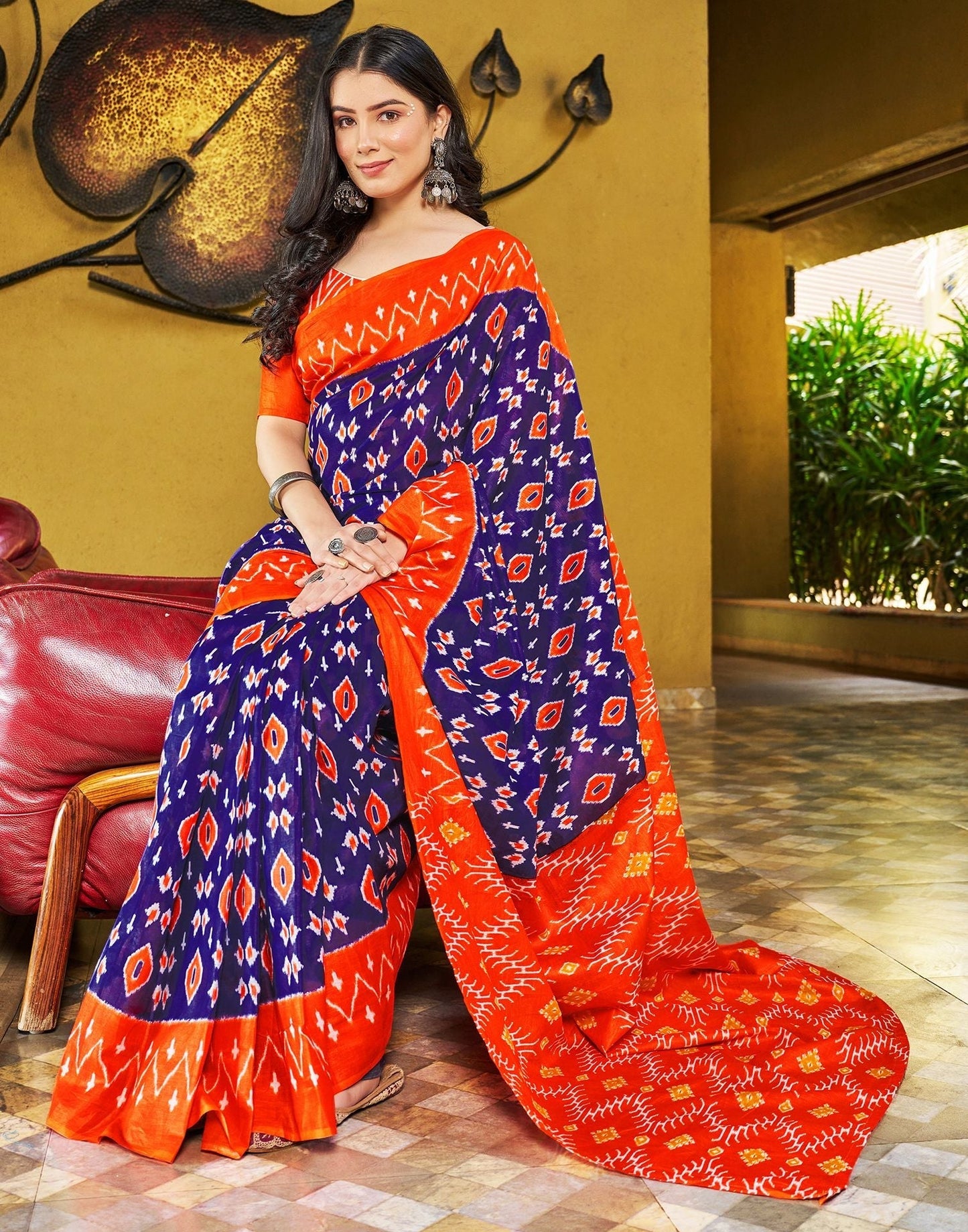 Violet Printed Cotton Pre-draped Saree 