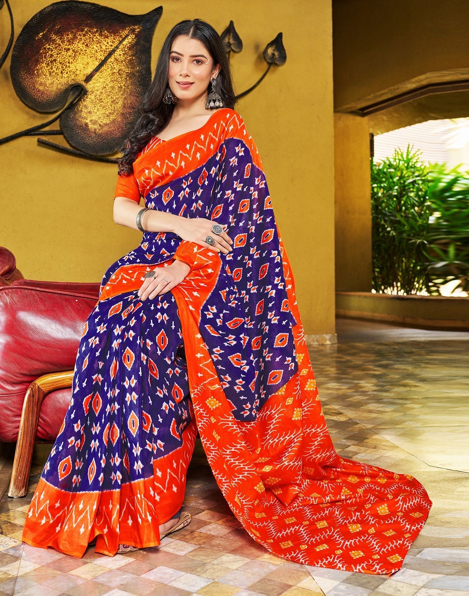 Violet Printed Cotton Pre-draped Saree 