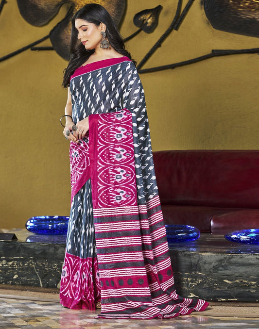 Grey Printed Cotton Pre-draped Saree 