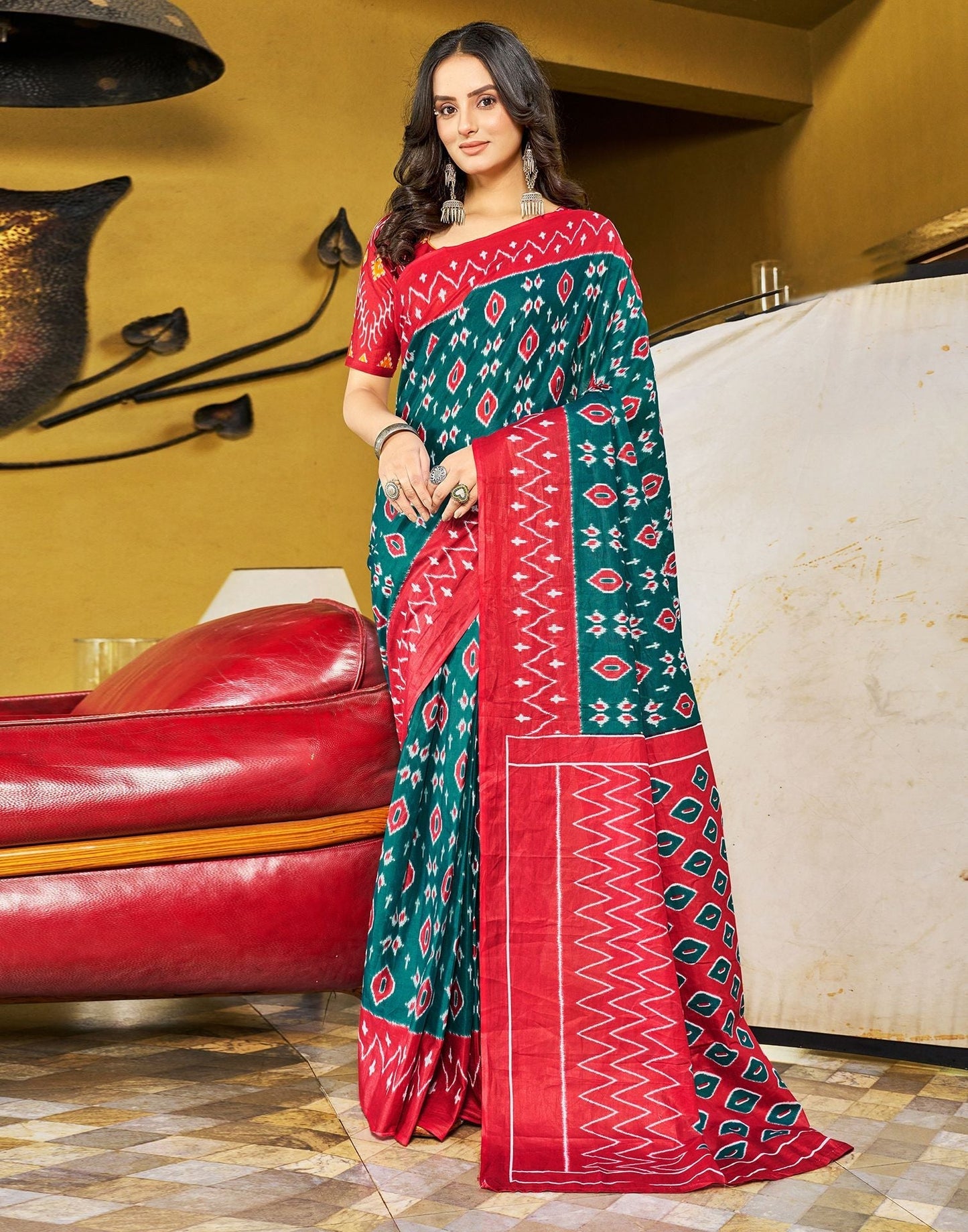 Dull Rama Printed Cotton Pre-draped Saree 