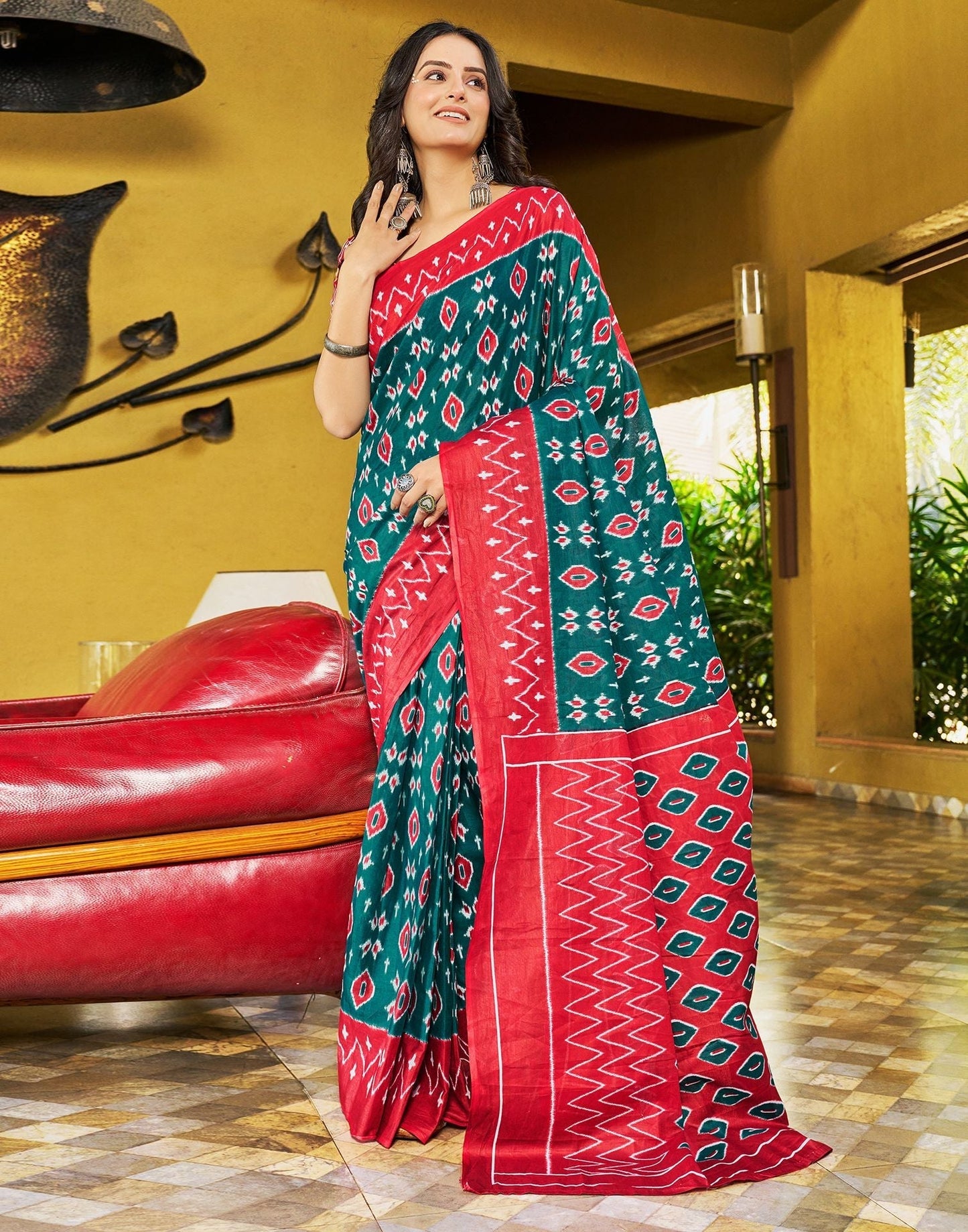 Dull Rama Printed Cotton Pre-draped Saree 