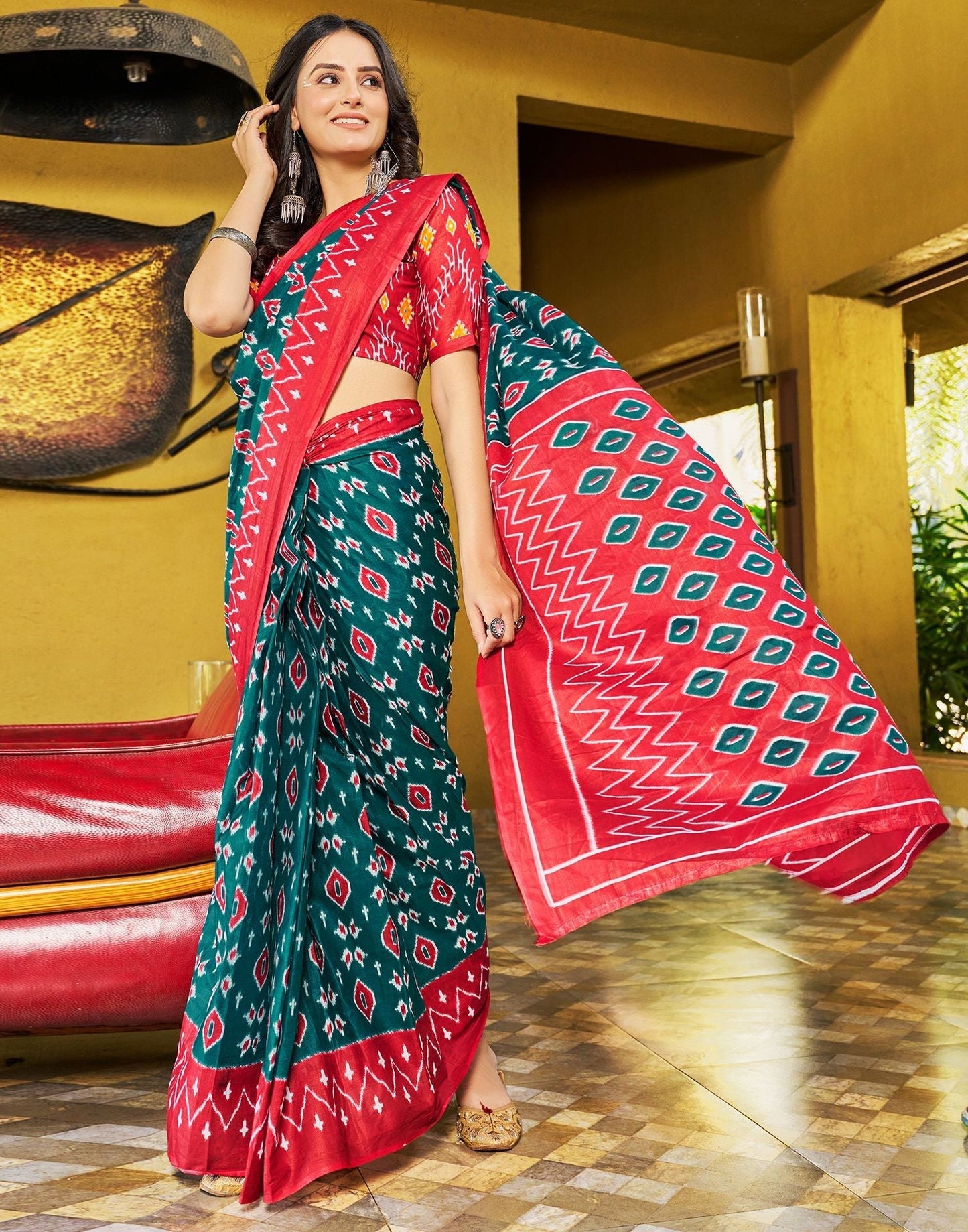 Dull Rama Printed Cotton Pre-draped Saree 