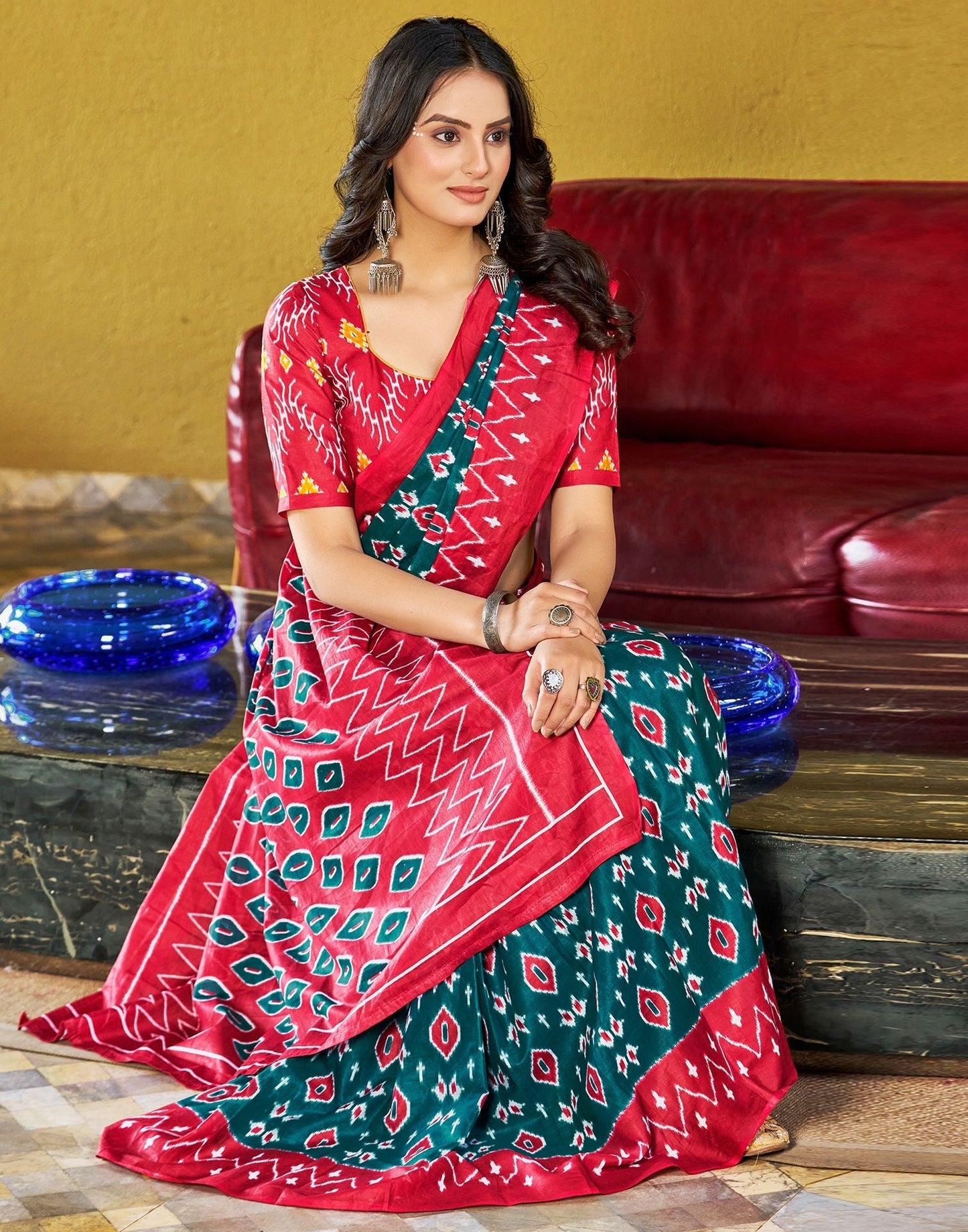 Dull Rama Printed Cotton Pre-draped Saree 