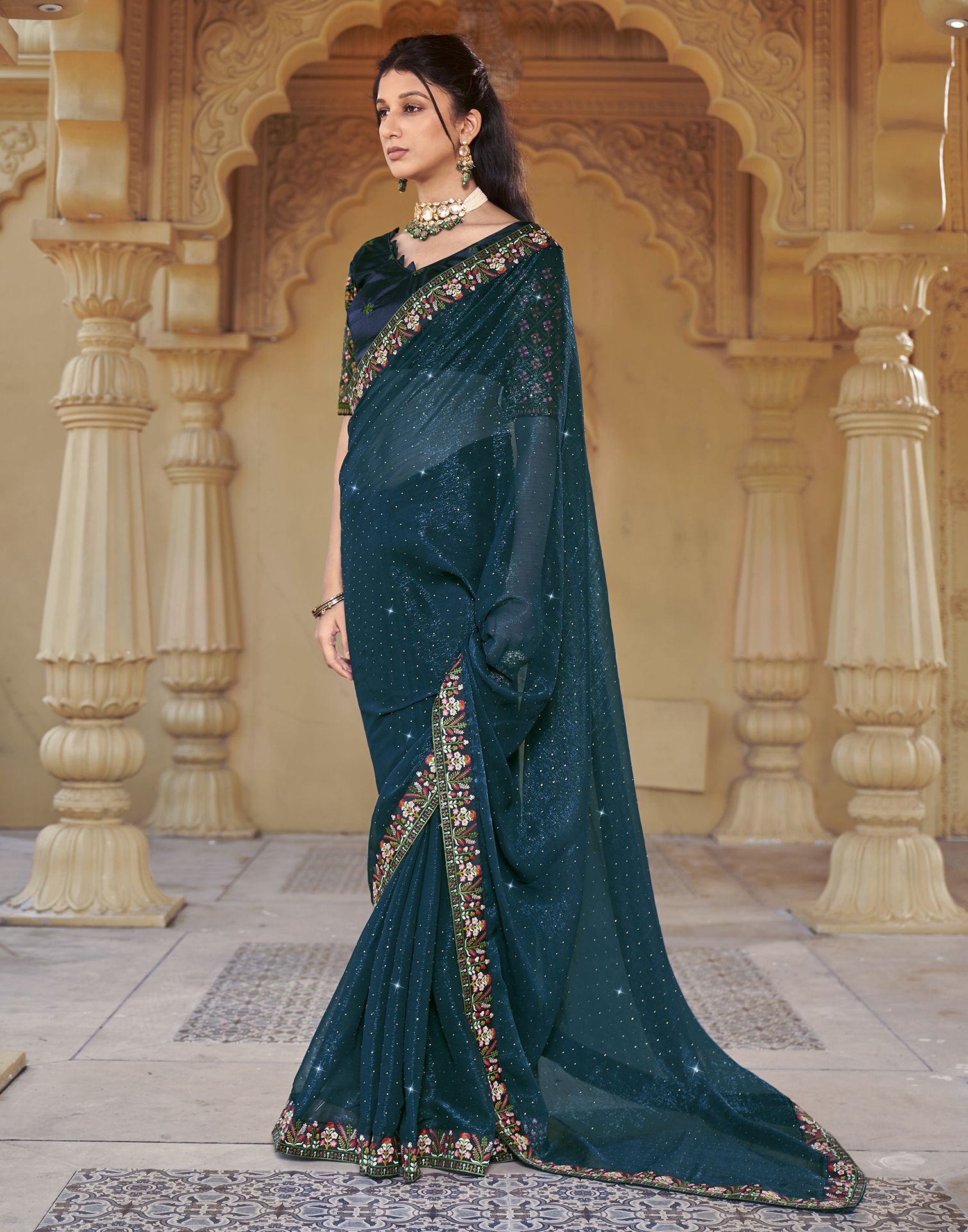 Dark Teal Blue Plain Chiffon Saree 