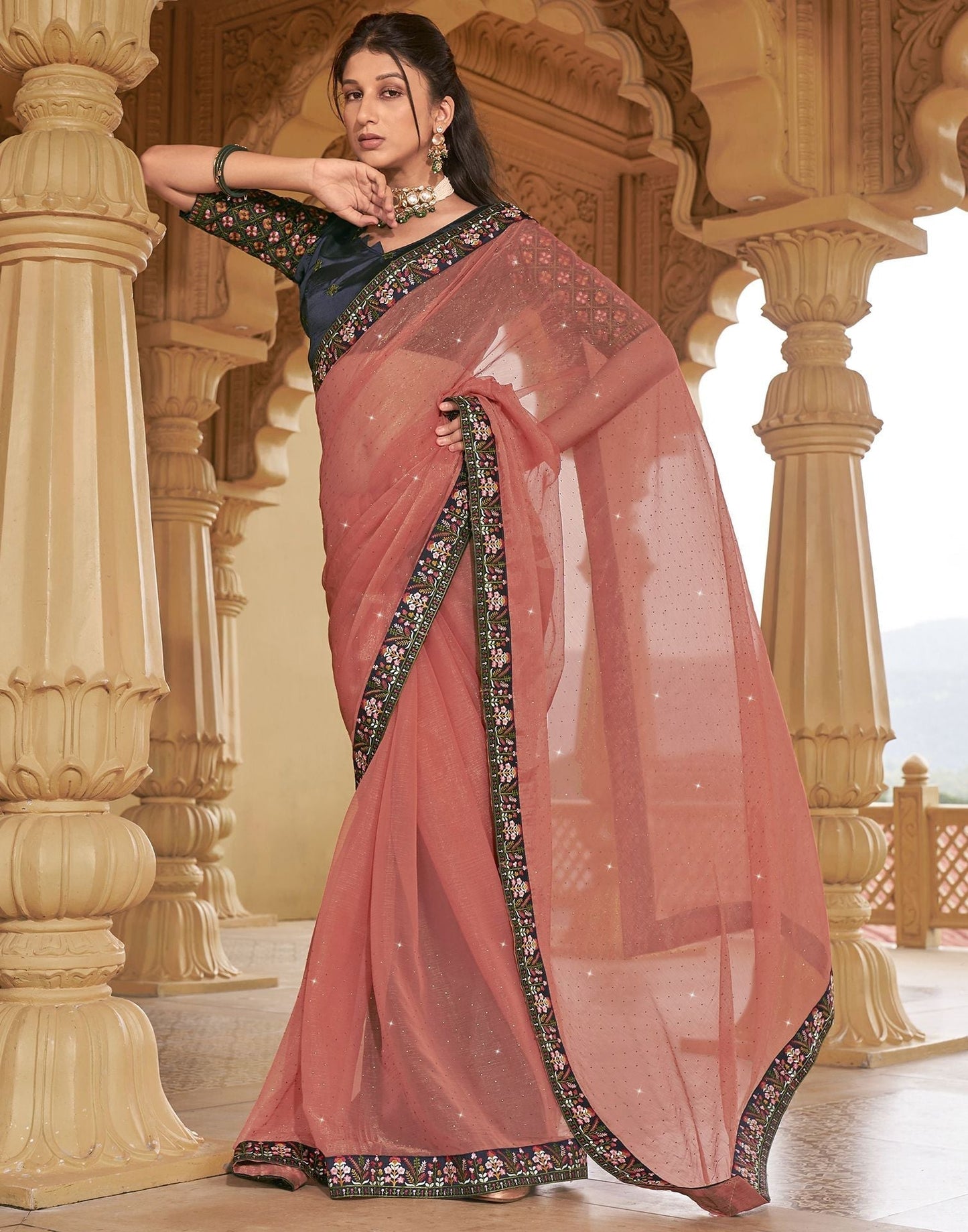 Peach Plain Chiffon Saree 