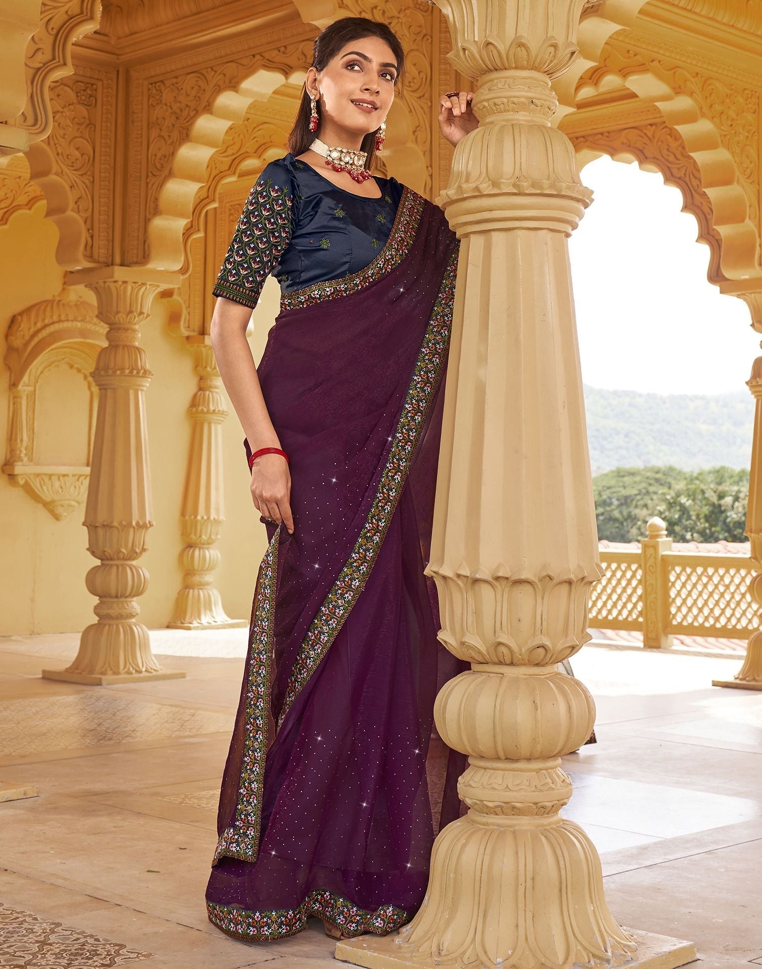 Wine Plain Chiffon Saree 