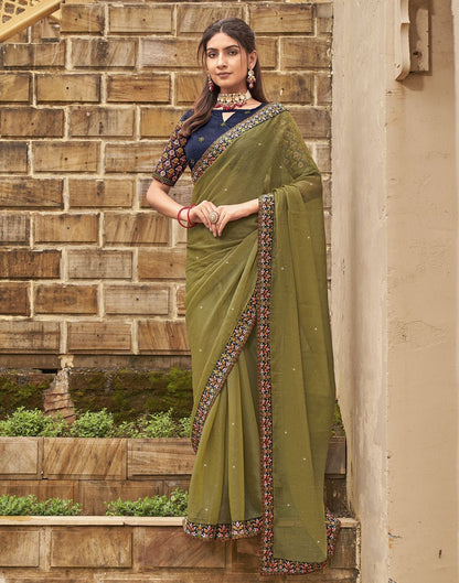 Light Olive Green Plain Chiffon Saree 