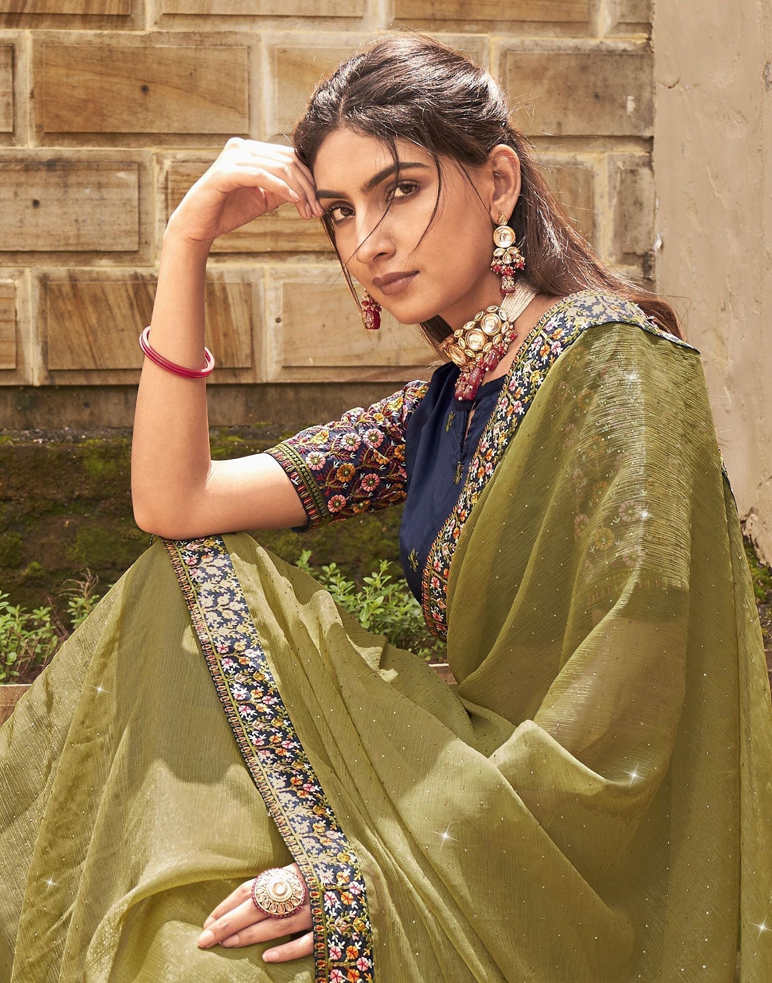 Light Olive Green Plain Chiffon Saree 