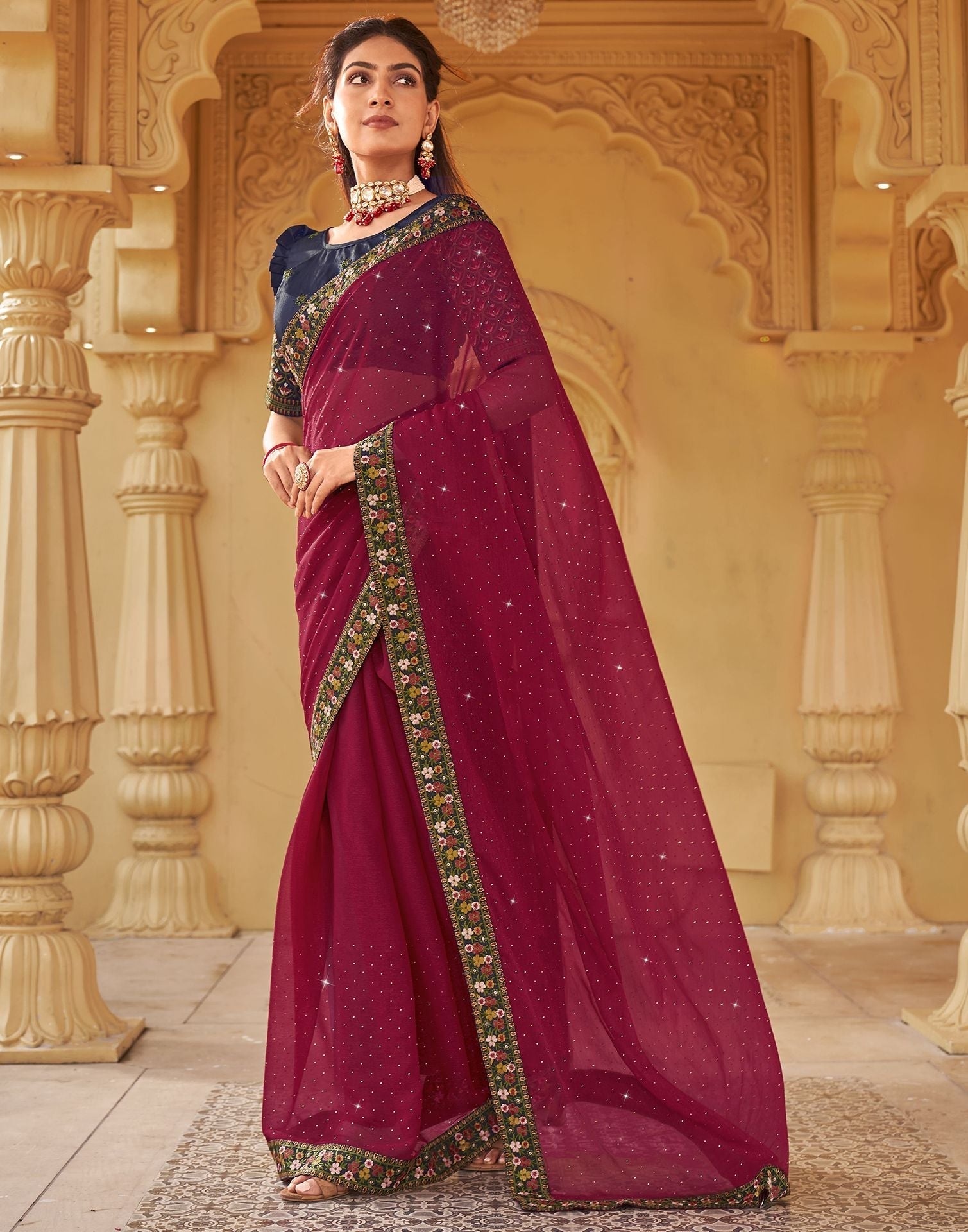 Dark Pink Plain Chiffon Saree 