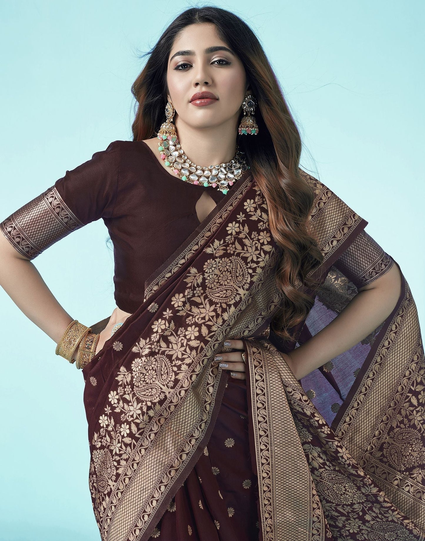 Brown Jacquard Silk Saree 