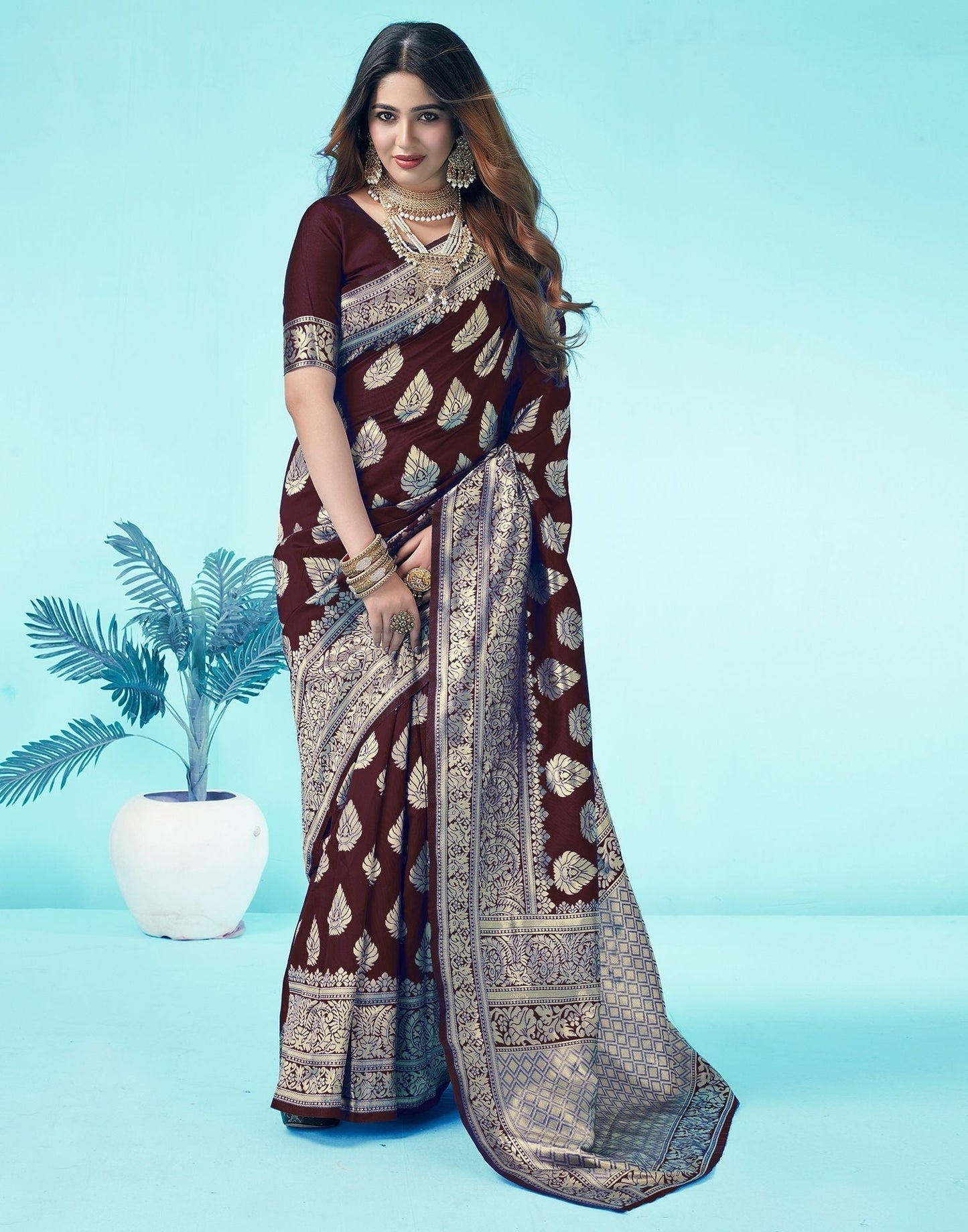 Brown Jacquard Silk Saree 