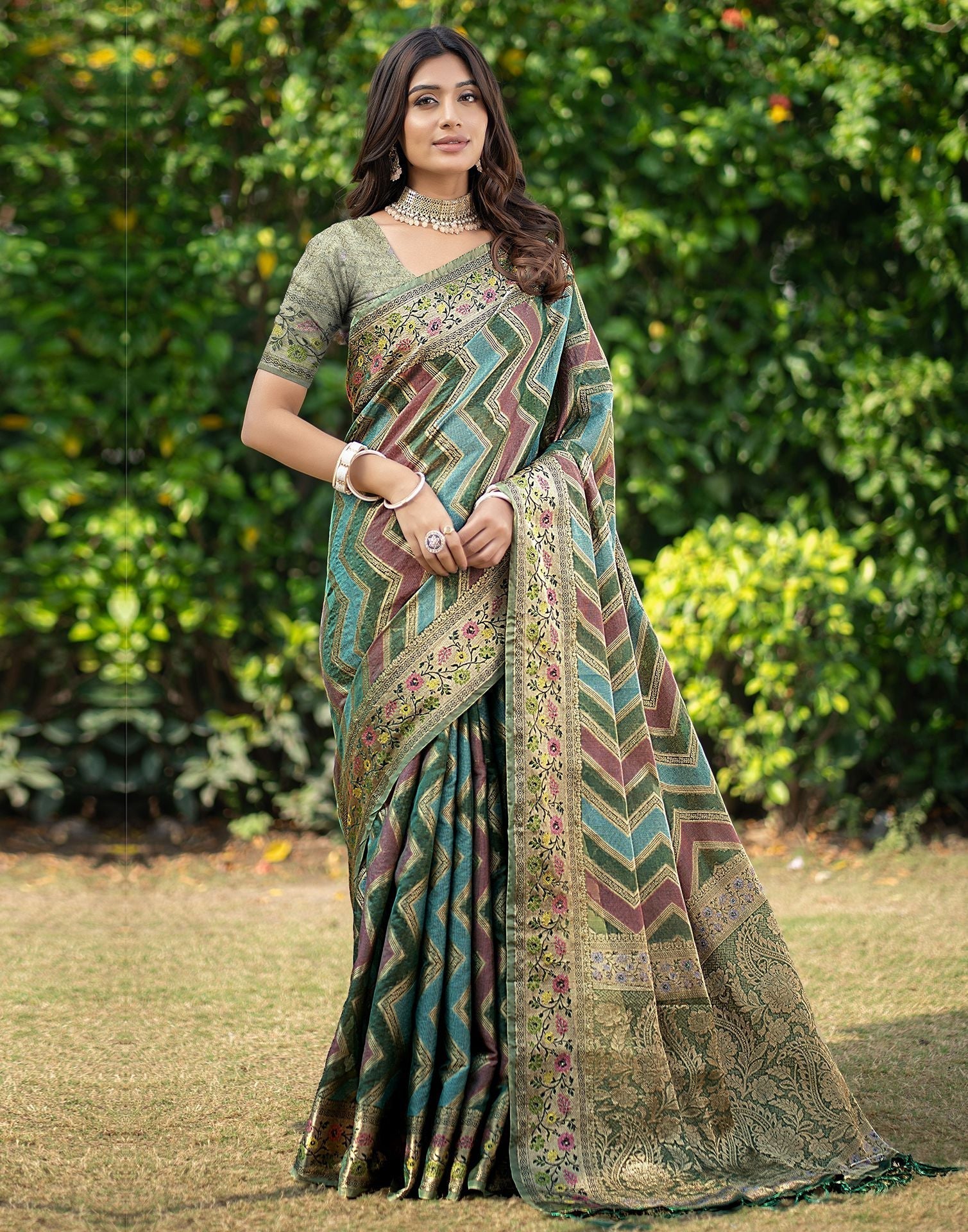 Green Jacquard Organza Saree 