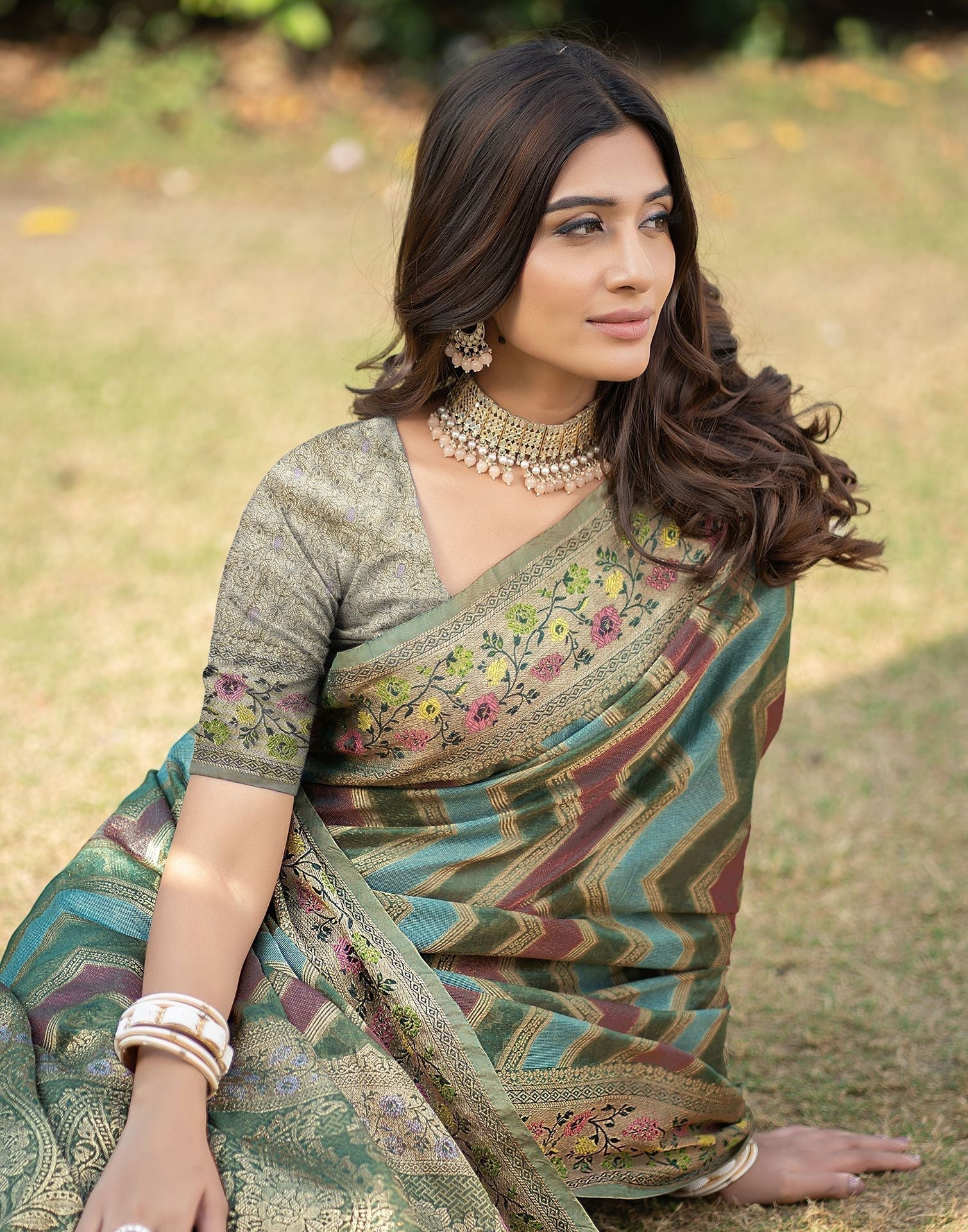 Green Jacquard Organza Saree 