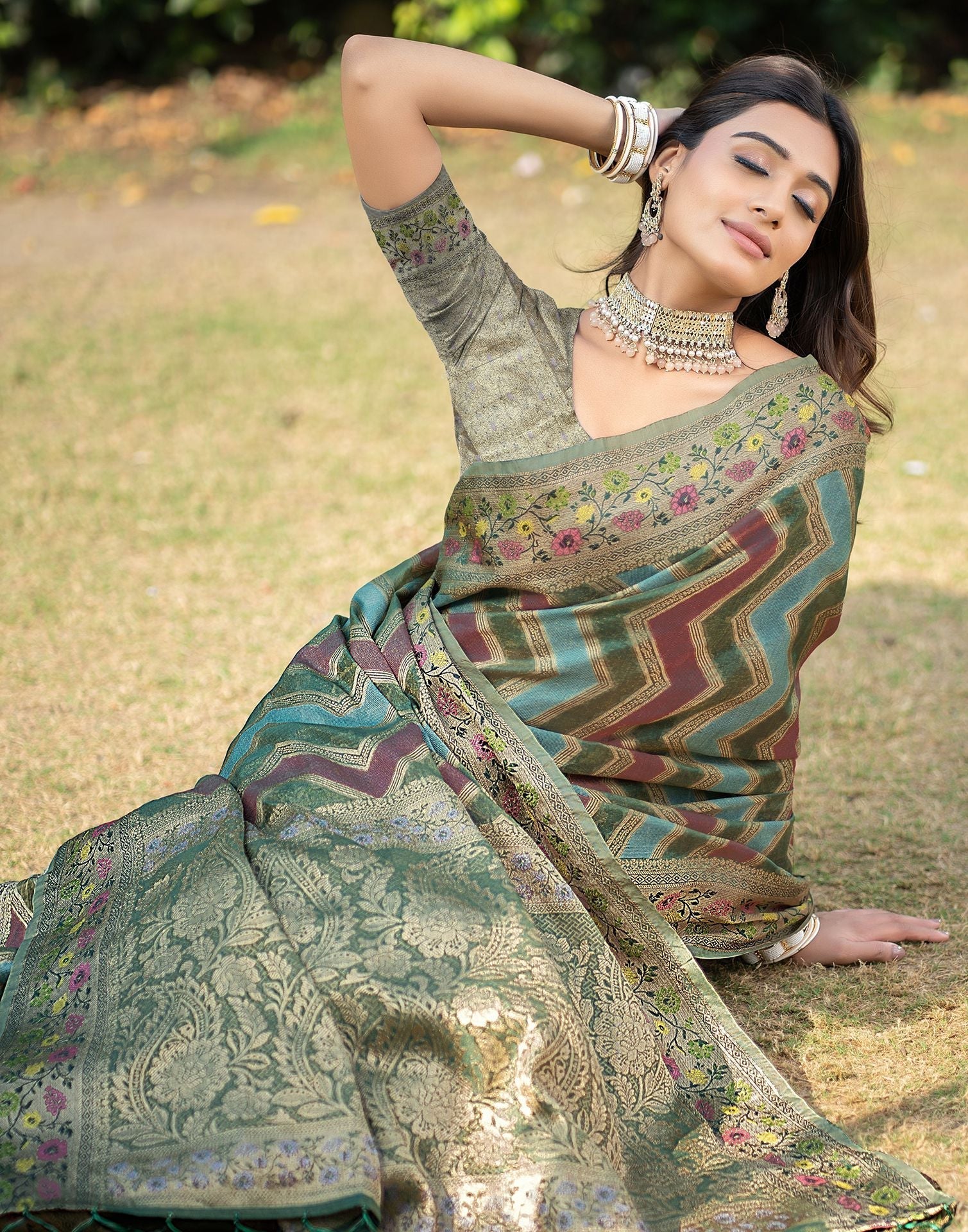 Green Jacquard Organza Saree 