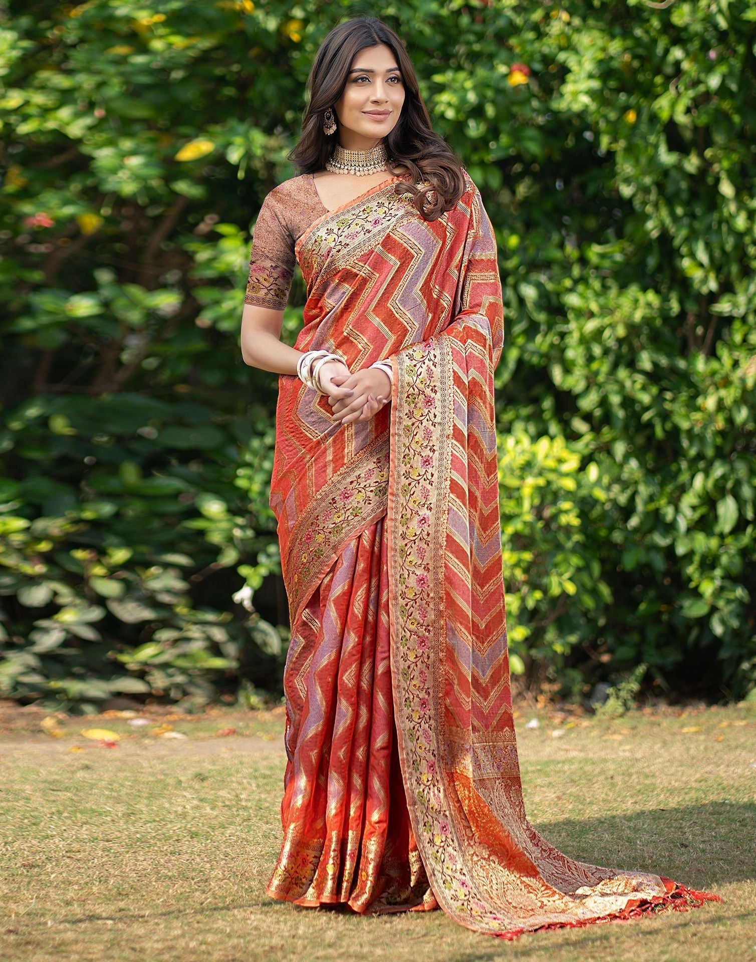 Orange Jacquard Organza Saree 