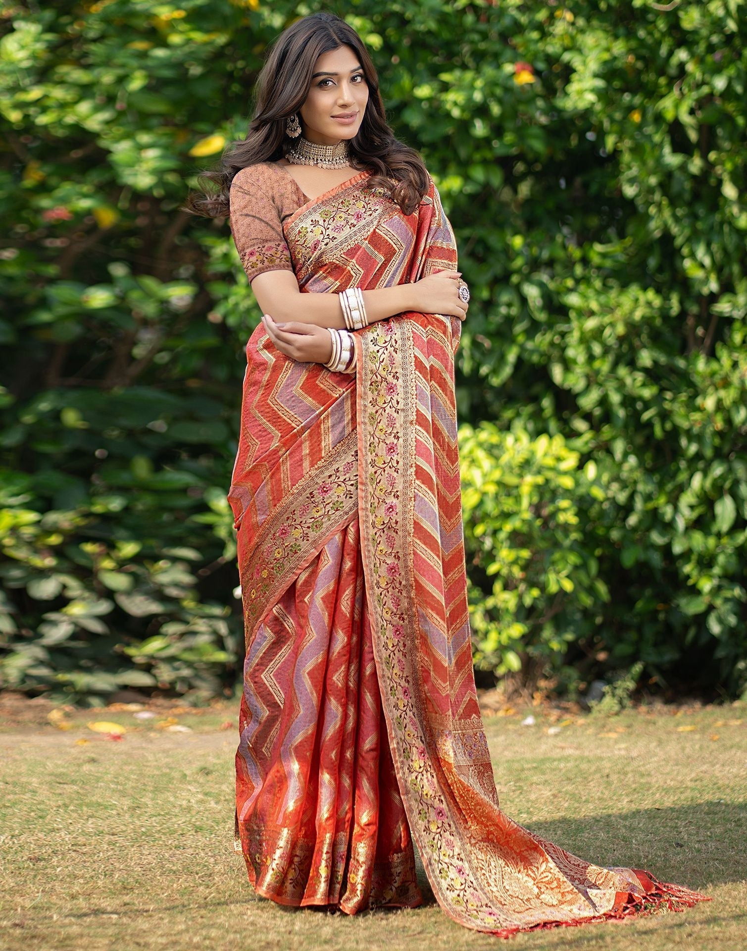 Orange Jacquard Organza Saree 