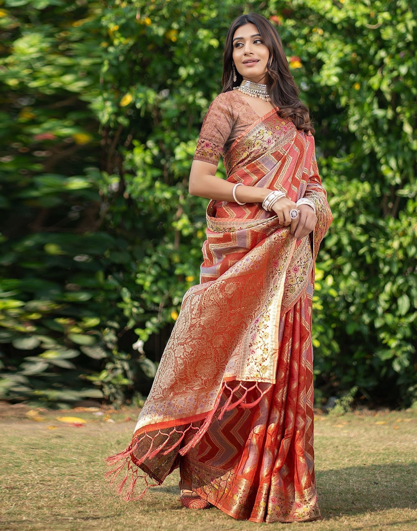 Orange Jacquard Organza Saree 