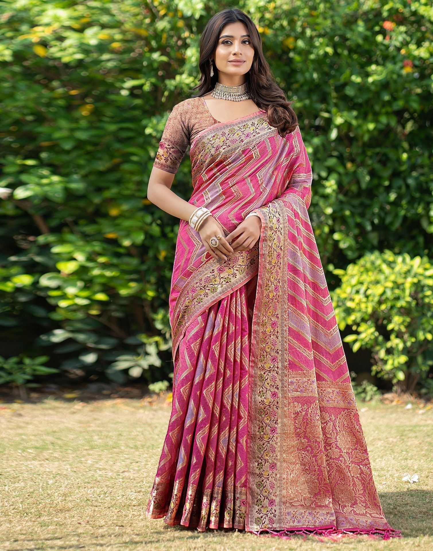 Pink Jacquard Organza Saree 