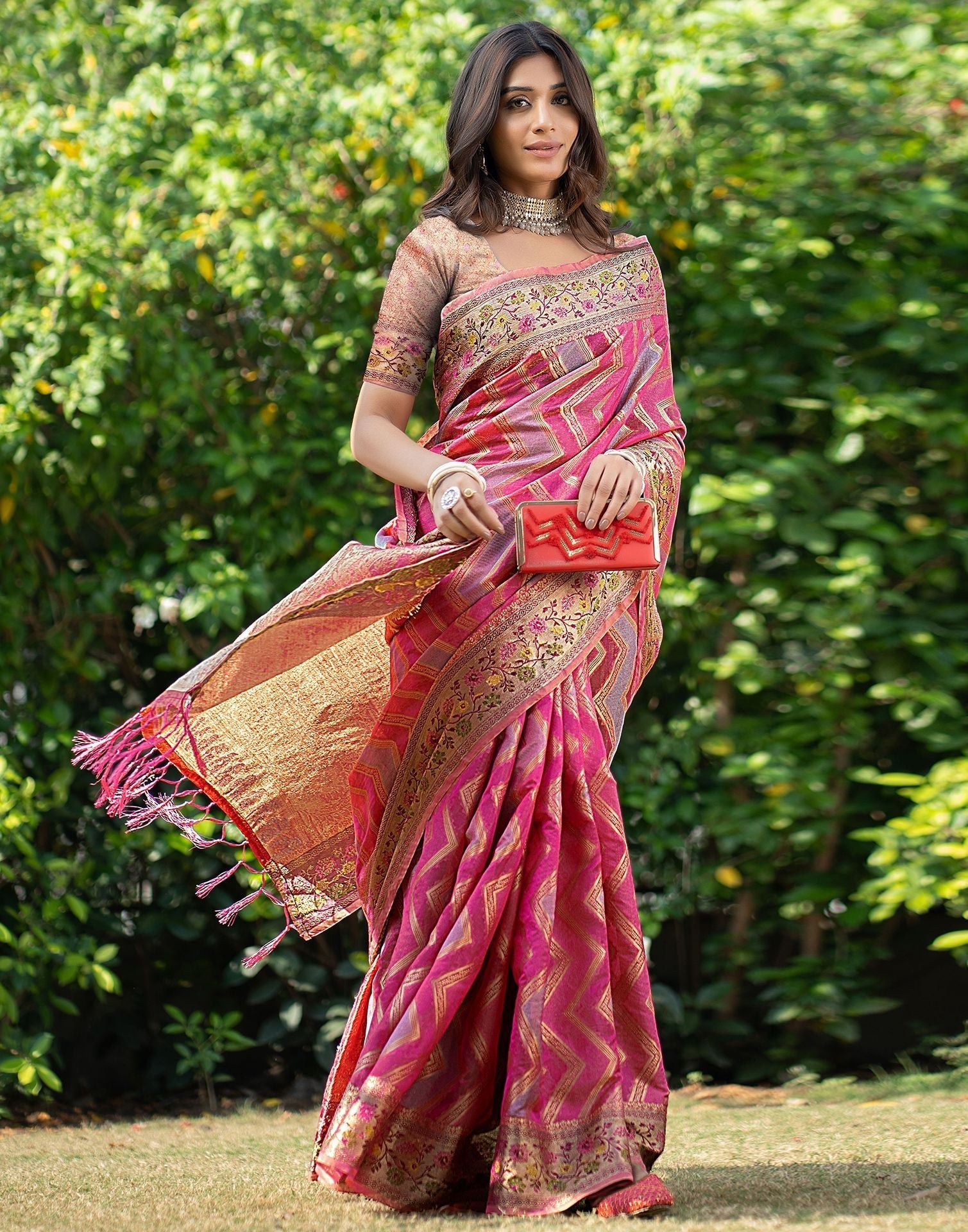 Pink Jacquard Organza Saree 