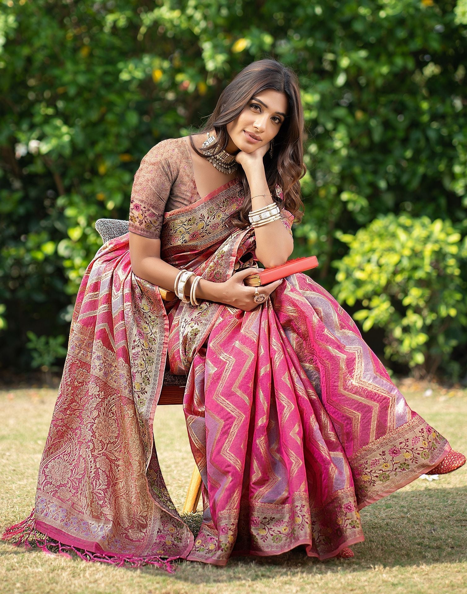 Pink Jacquard Organza Saree 