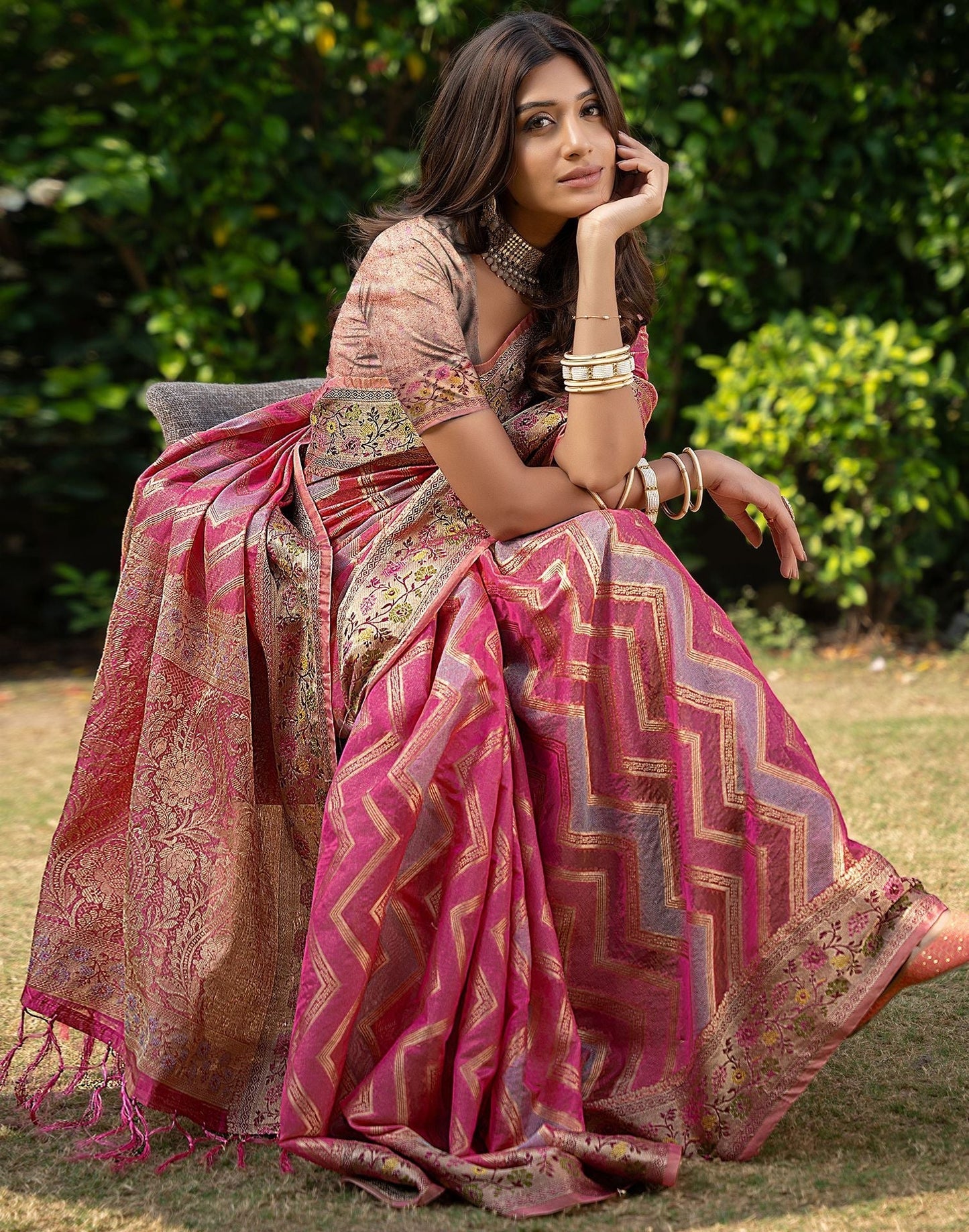 Pink Jacquard Organza Saree 