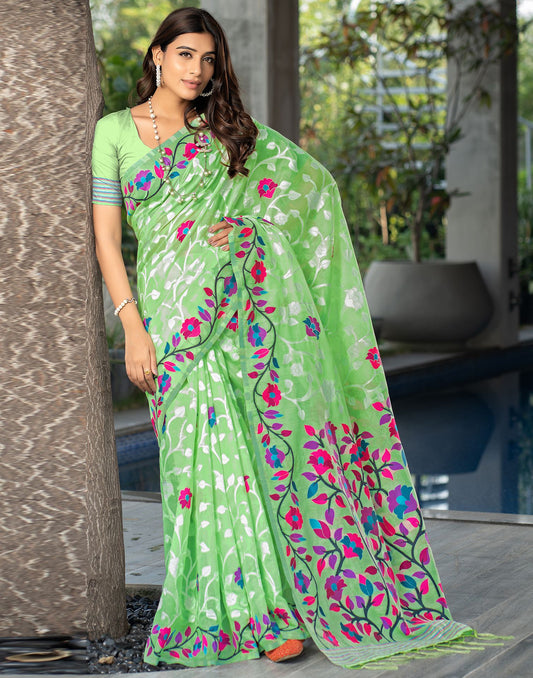 Parrot Green Jacquard Cotton Saree 