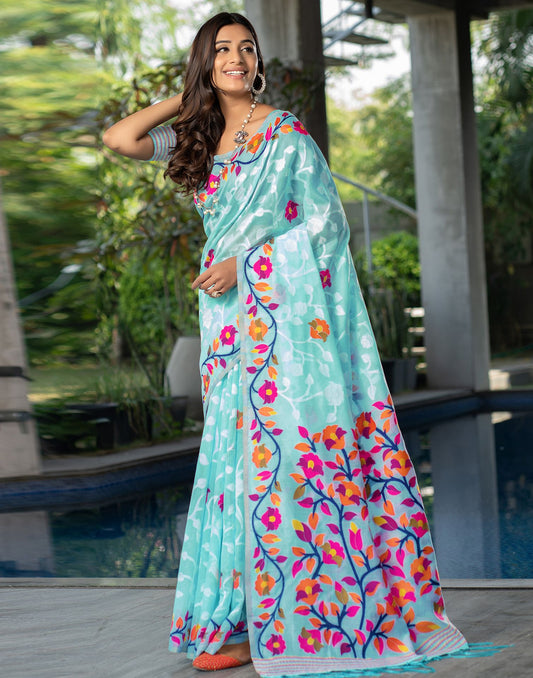 Sky Blue Jacquard Cotton Saree 