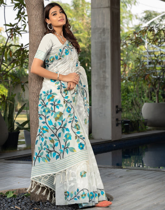 White Jacquard Cotton Saree 