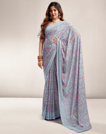 Grey Printed Georgette Saree 