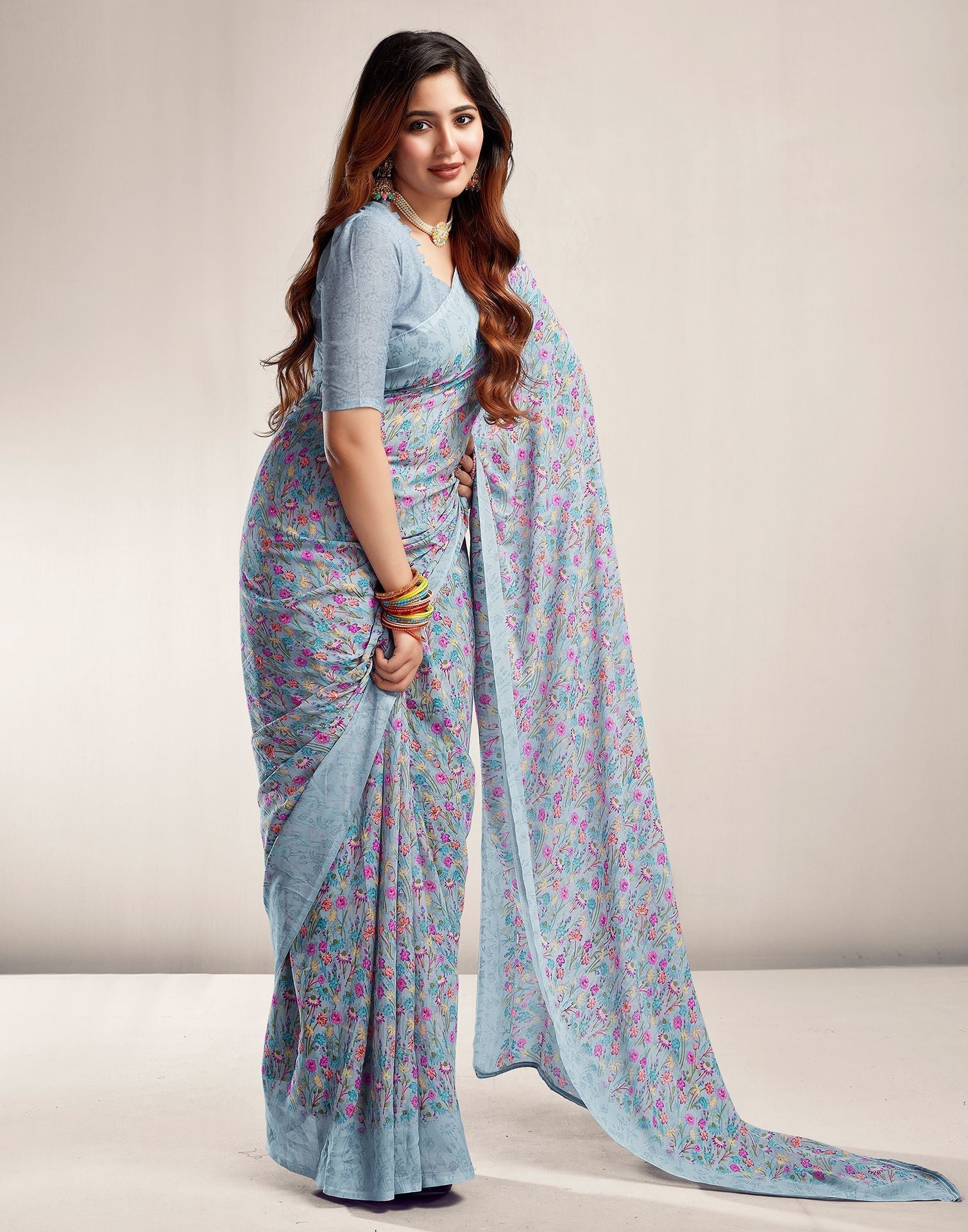 Grey Printed Georgette Saree 