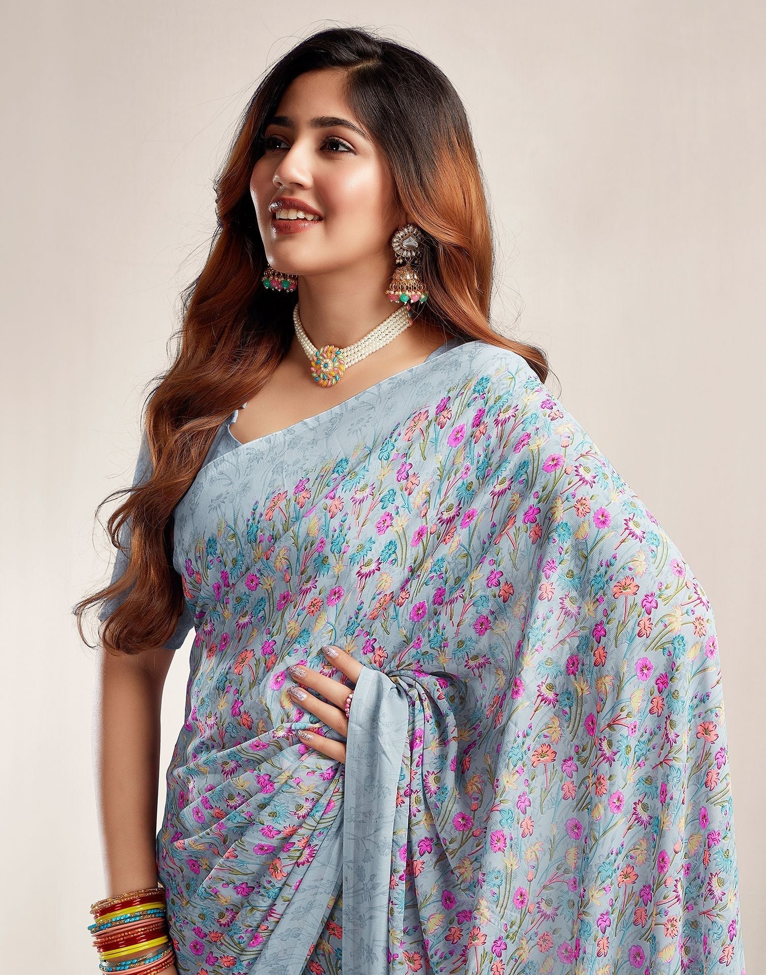 Grey Printed Georgette Saree 