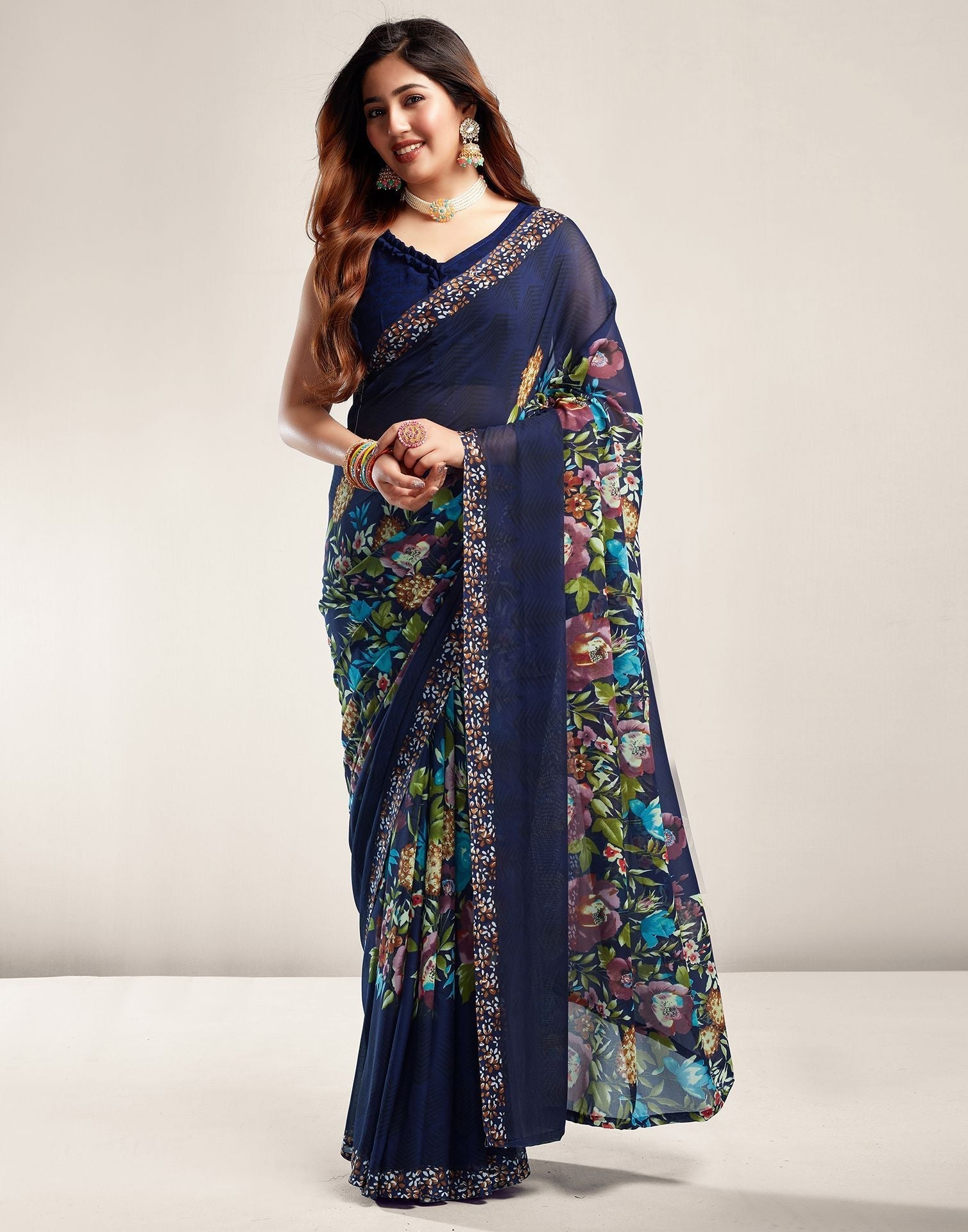 Navy Blue Printed Georgette Saree 