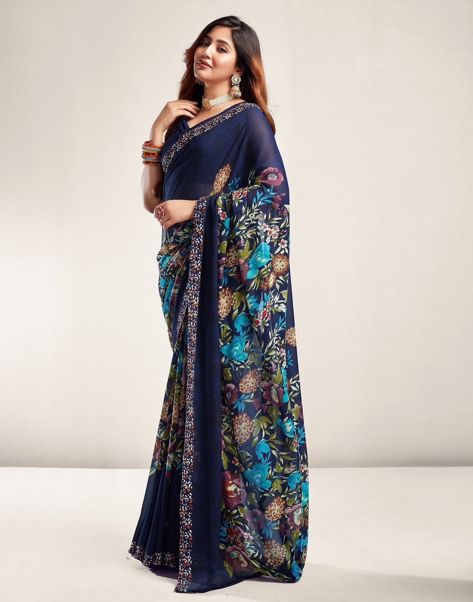 Navy Blue Printed Georgette Saree 