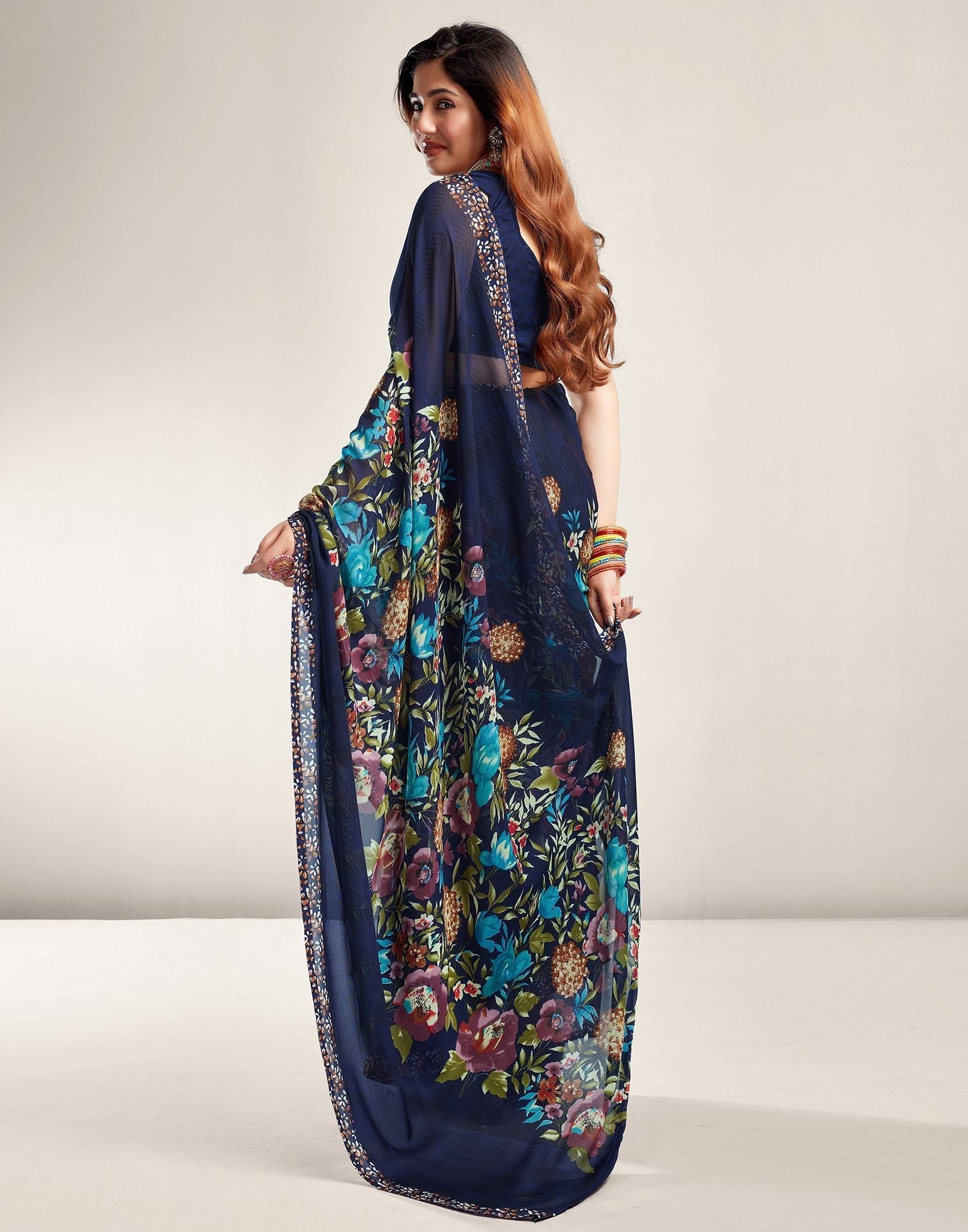 Navy Blue Printed Georgette Saree 