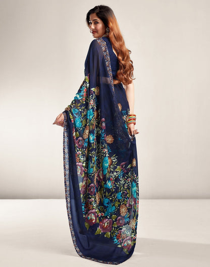 Navy Blue Printed Georgette Saree 