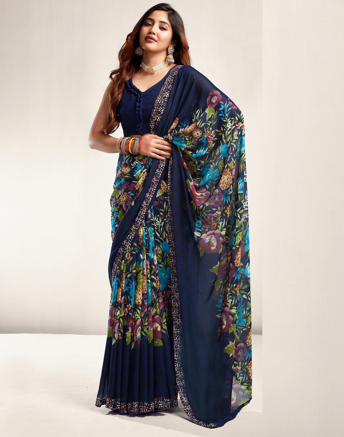 Navy Blue Printed Georgette Saree 