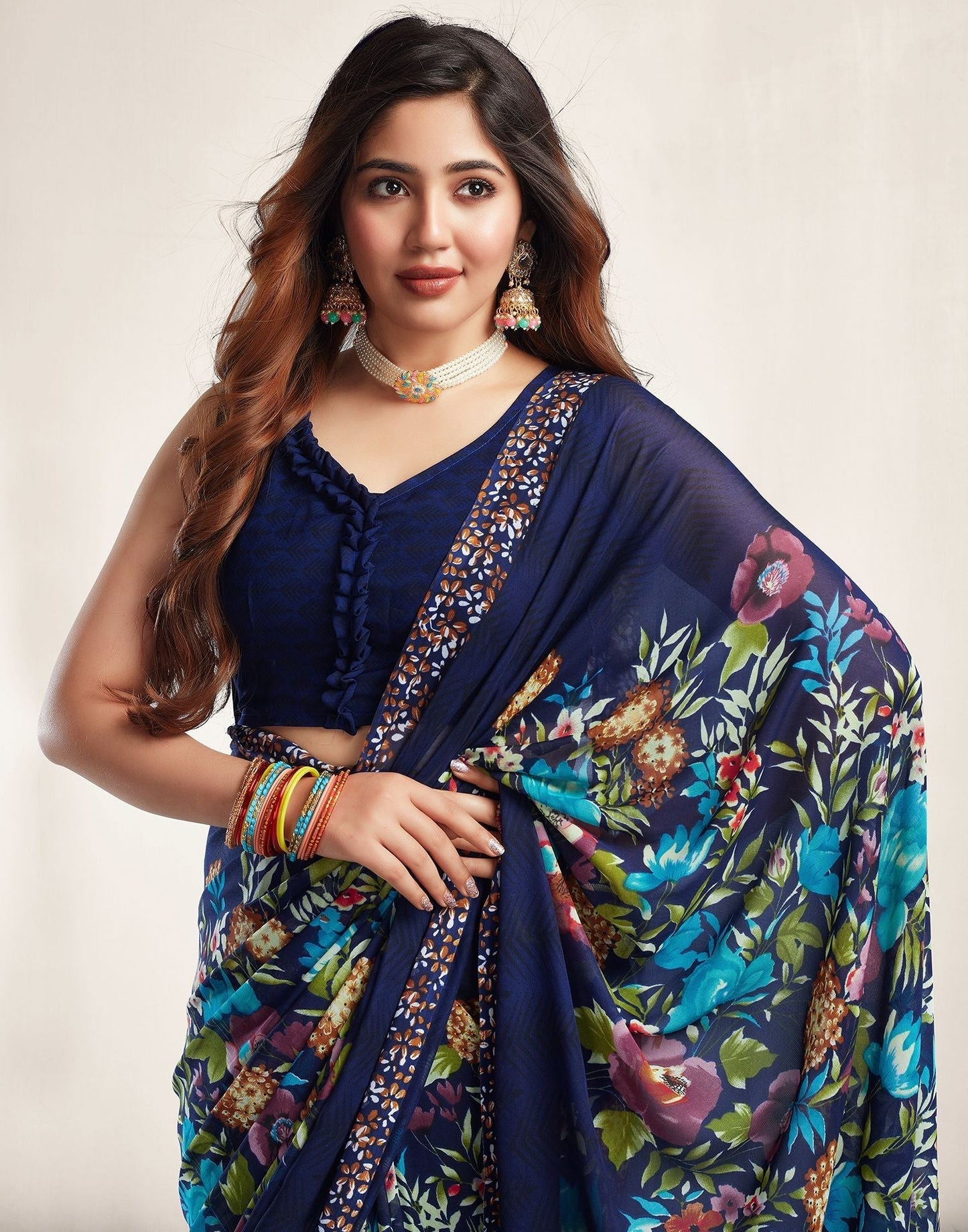 Navy Blue Printed Georgette Saree 